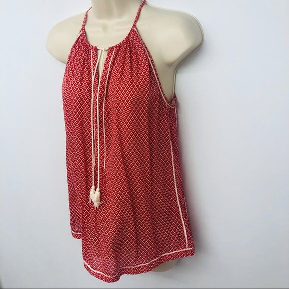 Joe Fresh Red White Tribal Print Boho Style Racerback Top Tassel Front TIe - Picture 13 of 16